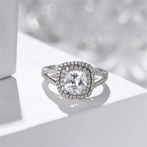 Jeulia Halo Split Shank Cushion Cut Sterling Silver Engagement Ring