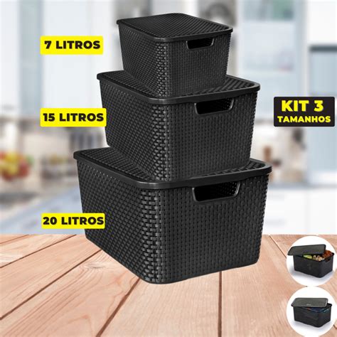 Kit 3 Caixas Organizadoras Cesto Organizador 7 14 20 Litros Rattan