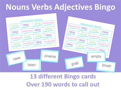 Nouns Verbs Adjectives Grammar Bingo Game Fun English Includes Parts Of