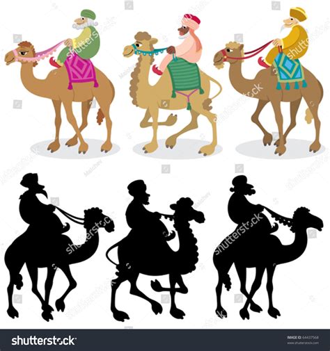 The Three Wise Men And Their Camels Isolated On White Silhouettes Are Also Included Stock