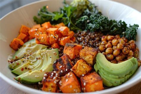 Premium Photo Vegan Buddha Bowl With Baked Vegetables Tofu Avocado And Buckwheat