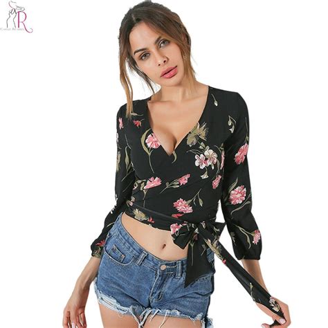 Negro Floral Nudo Atado Cintura Gasa Blusa Mujeres Tres Cuarto Manga V Masajeadores De Cuello