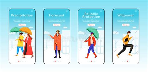 Rainy Weather Walking Onboarding Mobile App Screen Flat Vector Template