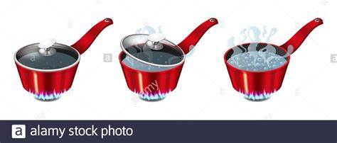 Set Of Red Pans With Boiling Water Opened And Closed Pan Lid Stock