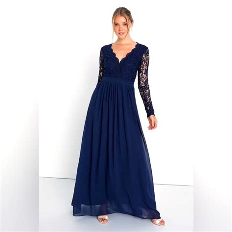 Lulus Dresses Lulus Awaken My Love Navy Blue Long Sleeve Lace Maxi