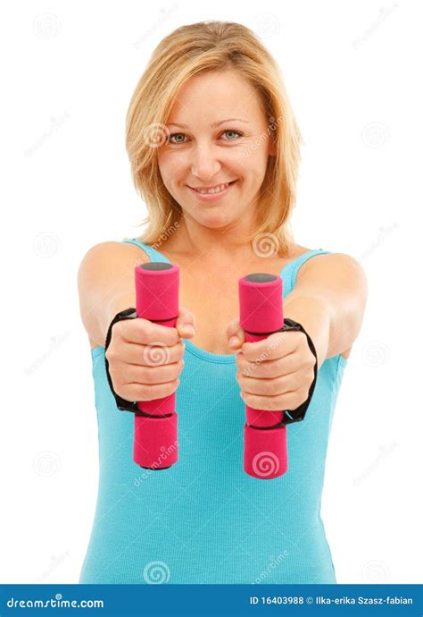 Happy Woman With Dumbbells Stock Photo Image Of Working 16403988