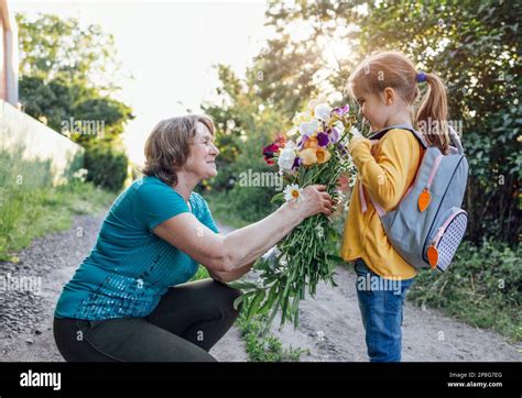 Cute Granddaughter Hugging Her Happy Grandmother The Hugs Of An