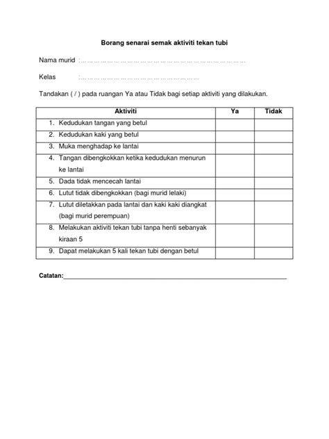 Borang Senarai Semak Aktiviti Tekan Tubi Pdf