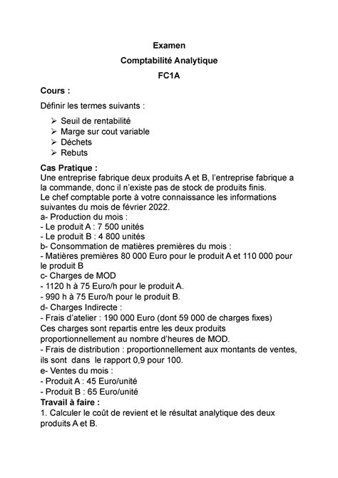 Compta Analytique Fc A Examen Comptabilit Analytique Fc A Cours