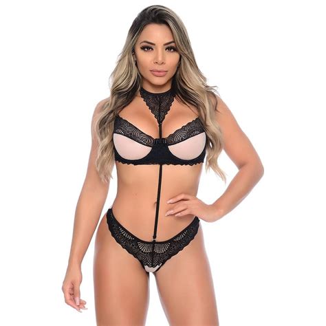 Conjunto Renda Tulle Sem Bojo Preto Hot Love Moda Íntima e Sexy Shop Vega Love