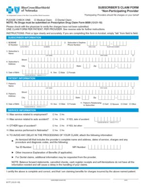 Fillable Online Subscribers Claim Form Non Participating Provider