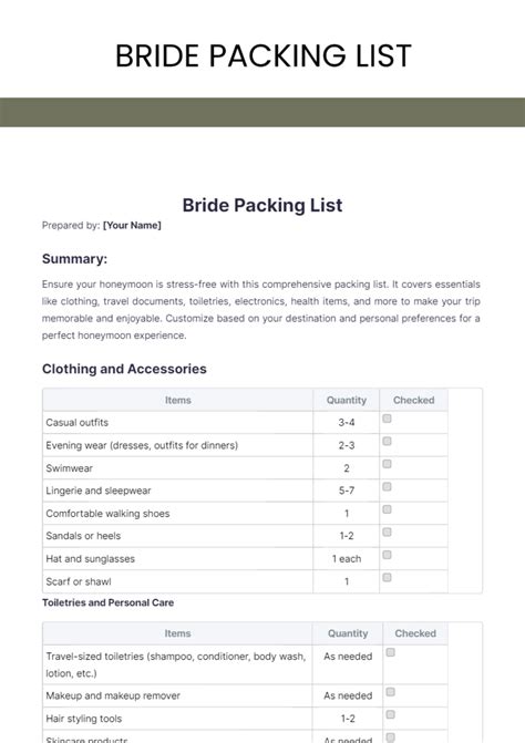 Free Bride Packing List Template To Edit Online