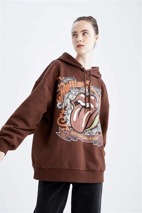 Kahve Kadın Rolling Stones Oversize Fit Kapüşonlu Sweatshirt 2669239