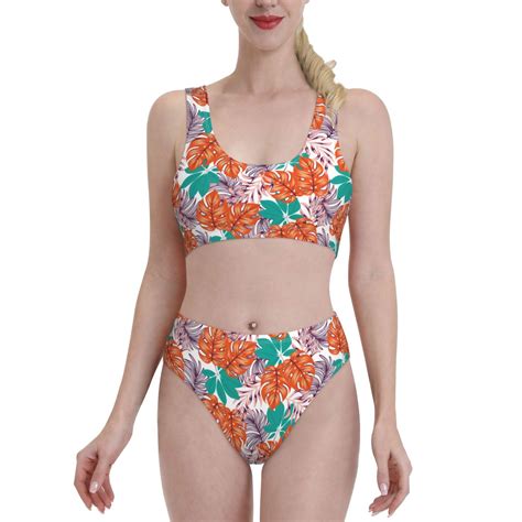 High Waisted Bikini Sets For Women Hawaiian Style Blue Orange 2 Piece Sporty Bathing Suit Swim