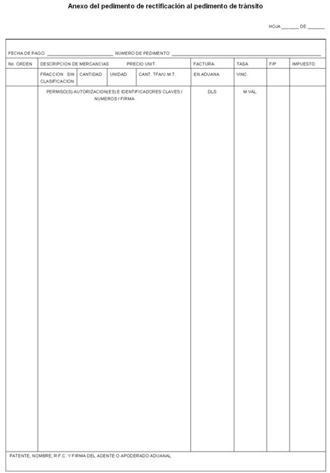 Formato Del Anexo Del Pedimento De Rectificaci N Al Pedimento De