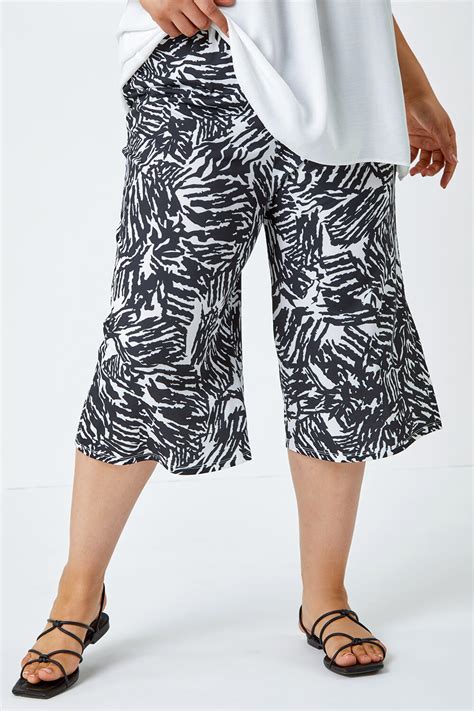 Black Curve Abstract Print Stretch Culottes Roman Uk