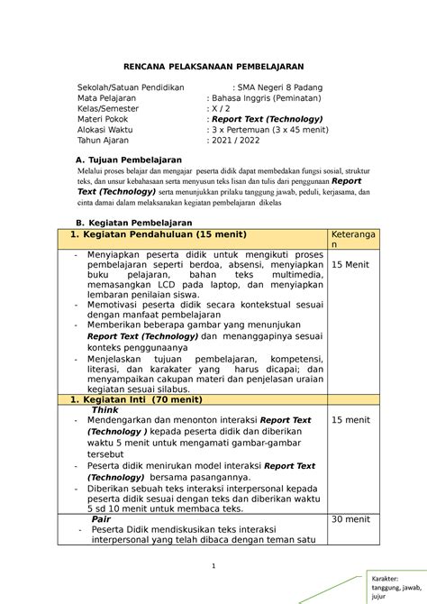 RPP KD 3 8 Report Text Technology Ok RENCANA PELAKSANAAN