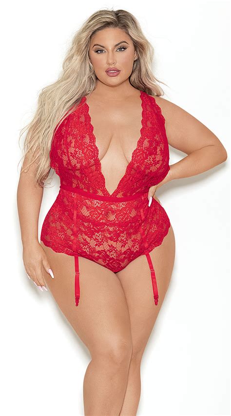 Plus Size Plunging Red Lace Teddy Plus Size Open Back Lace Teddy