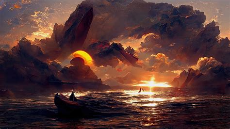 Fondos De Pantalla Puesta De Sol Barco Mar Obra De Arte 2049x1152