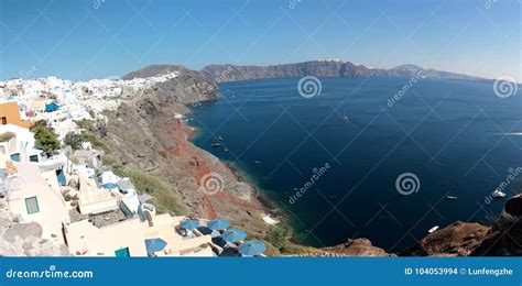 Amazing Panoramic View Of Oia And Fira Far Away Santorini Greece Stock