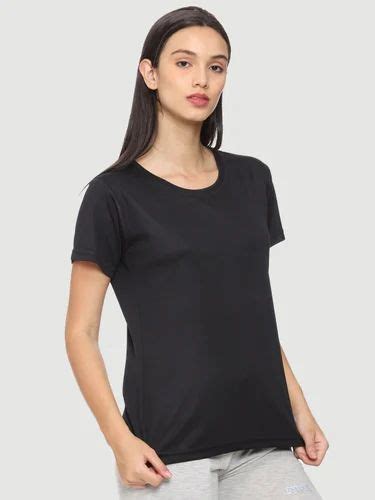 Half Sleeve Urban Komfort Ladies Black Polyester T Shirt Casual Wear