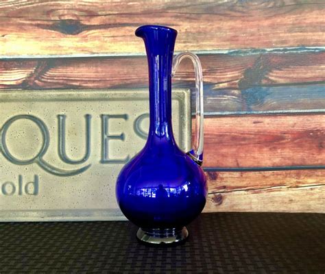 Hand Blown Cobalt Blue Vintage Glass Pitcher W Clear Handle Wine Carafe Vintage Glass