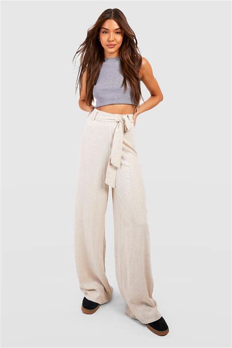 Linen Blend Super High Waisted Belted Wide Leg Pants Boohoo