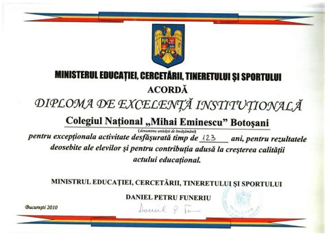 Diploma de excelenta institutionala Colegiul Național Mihai Eminescu