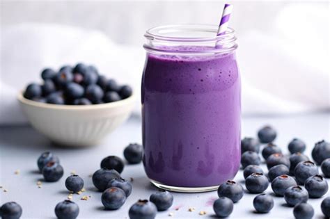 Premium Ai Image Blueberry Smoothie In Mason Jar Beside A Bunch Of