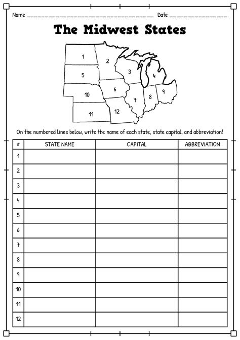 Midwest States Quiz Printable