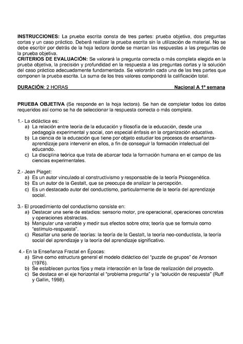 Examen Junio Preguntas Instrucciones La Prueba Escrita