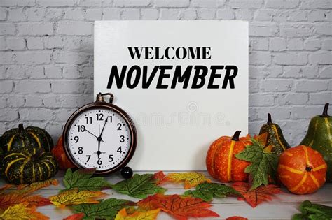 Welcome November Text Message With Pumpkin And Maple Leaf Decoration On