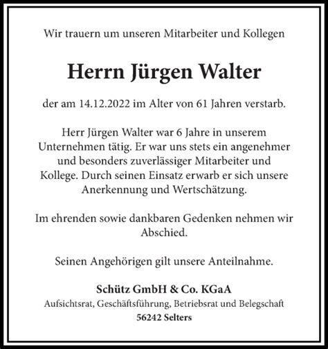 Traueranzeigen Von J Rgen Walter Rz Trauer De