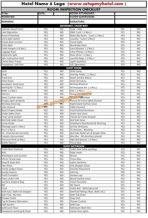 Room Inspection Checklist Housekeeping