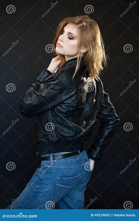 Beautiful Sensual Girl Blonde In A Leather Jacket Stock Photo Image