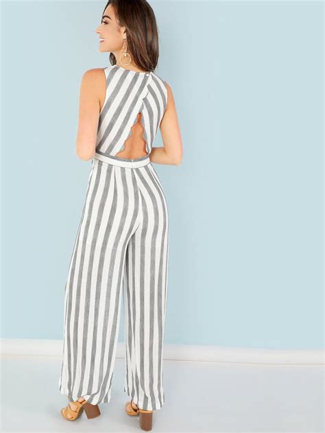 Shein Scallop Edge Open Back Striped Palazzo Jumpsuit Palazzo