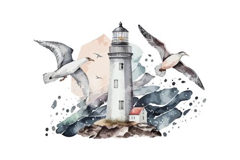 Faro de acuarela y gaviotas alrededor diseño de ilustración vectorial