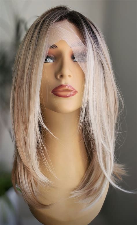 Textured Shoulder Length Blonde Bob Wig Rooted Blonde Straight Bob Bob Highlighted Blonde