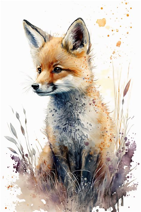 Baby Fox Water Color Painting Housewarming Gift Digital Art Digital