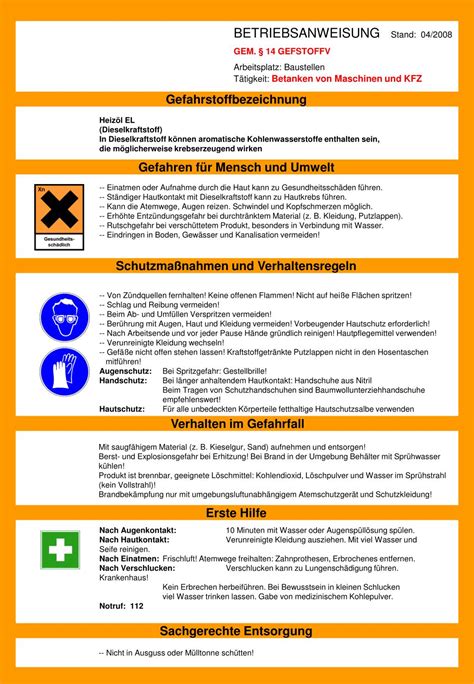 PPT BETRIEBSANWEISUNG Stand 03 2008 GEM 14 GEFSTOFFV Arbeitsplatz