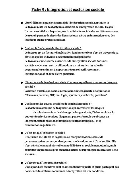 Fiche 9 Intégration et exclusion sociale Fiche 9 Intégration et