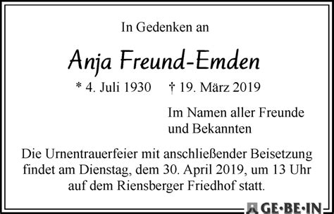 Traueranzeigen Von Anja Freund Emden Trauer Gedenken