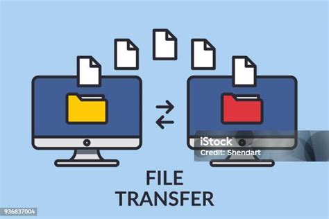 檔案傳輸兩台電腦上有資料夾和發送的文檔複製檔 交換資料 備份 傳輸 Pc 概念檔共用線條圖形設計項目向量插圖向量圖形及更多出入境圖片 Istock
