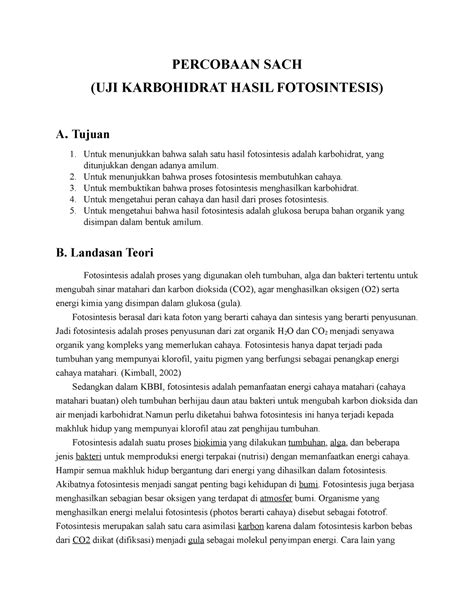 Laporan Praktikum Hasil Percobaan Sach Percobaan Sach Uji Karbohidrat Hasil Fotosintesis A