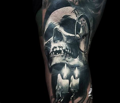 Large Photo Skull And Candles Tattoo By Ata Ink Skull Thigh Tattoos