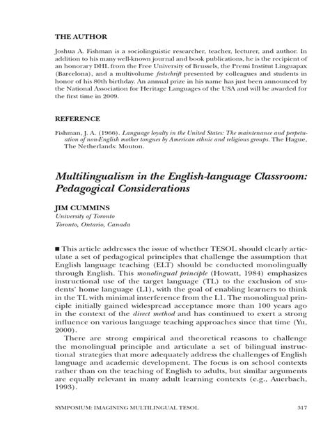 Multilinguasim In Esl Classroom Pedagogical Considerations Pdf