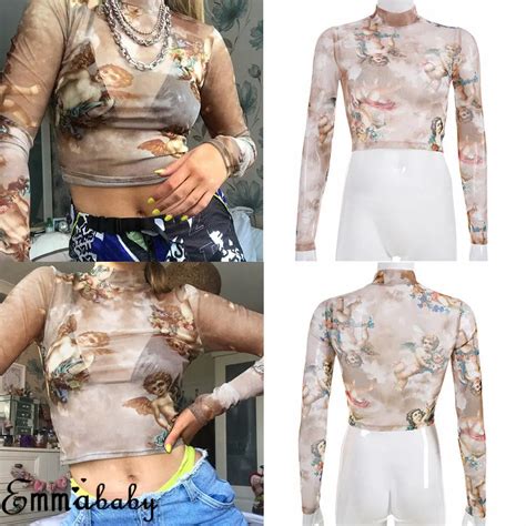 Women Long Sleeve See Through Sheer Mesh Angel Printed Top T Shirt Top