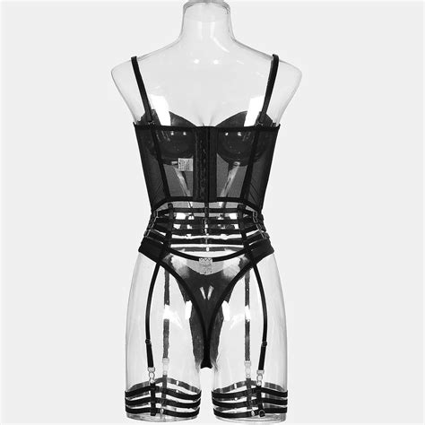 Breathable Black Garter Sexy Lingerie Set Hot Women Sensual Lingerie