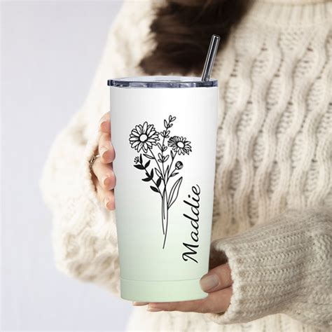 Personalized Birth Flower Gradient Coffee Tumbler 20oz Name Tumbler With Straw And Lid Travel