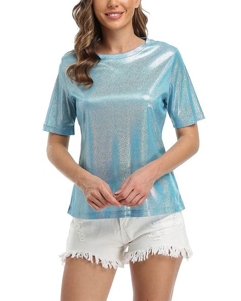 Buy Andy Natalie Women S Shiny Tops Holographic Metallic Shirt